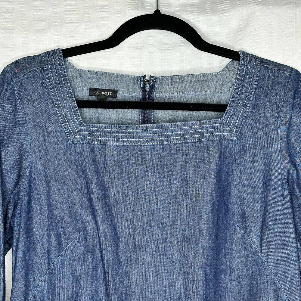 Talbots Dress Womens 6 Blue Chambray 3/4 Sleeve Square Neck Above Knee Casual - Picture 2 of 11